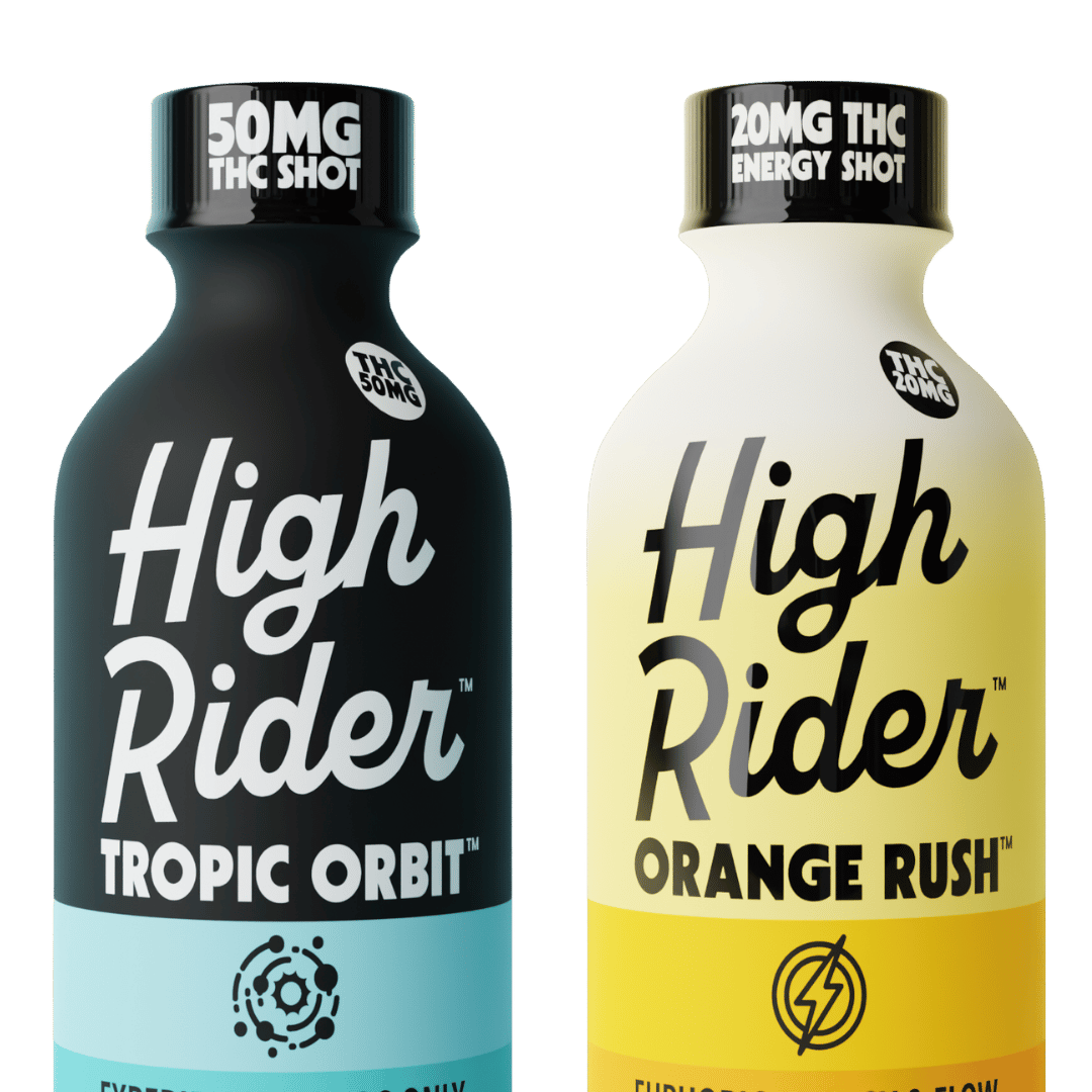 Two bottles labeled 'High Rider', one black and one white.