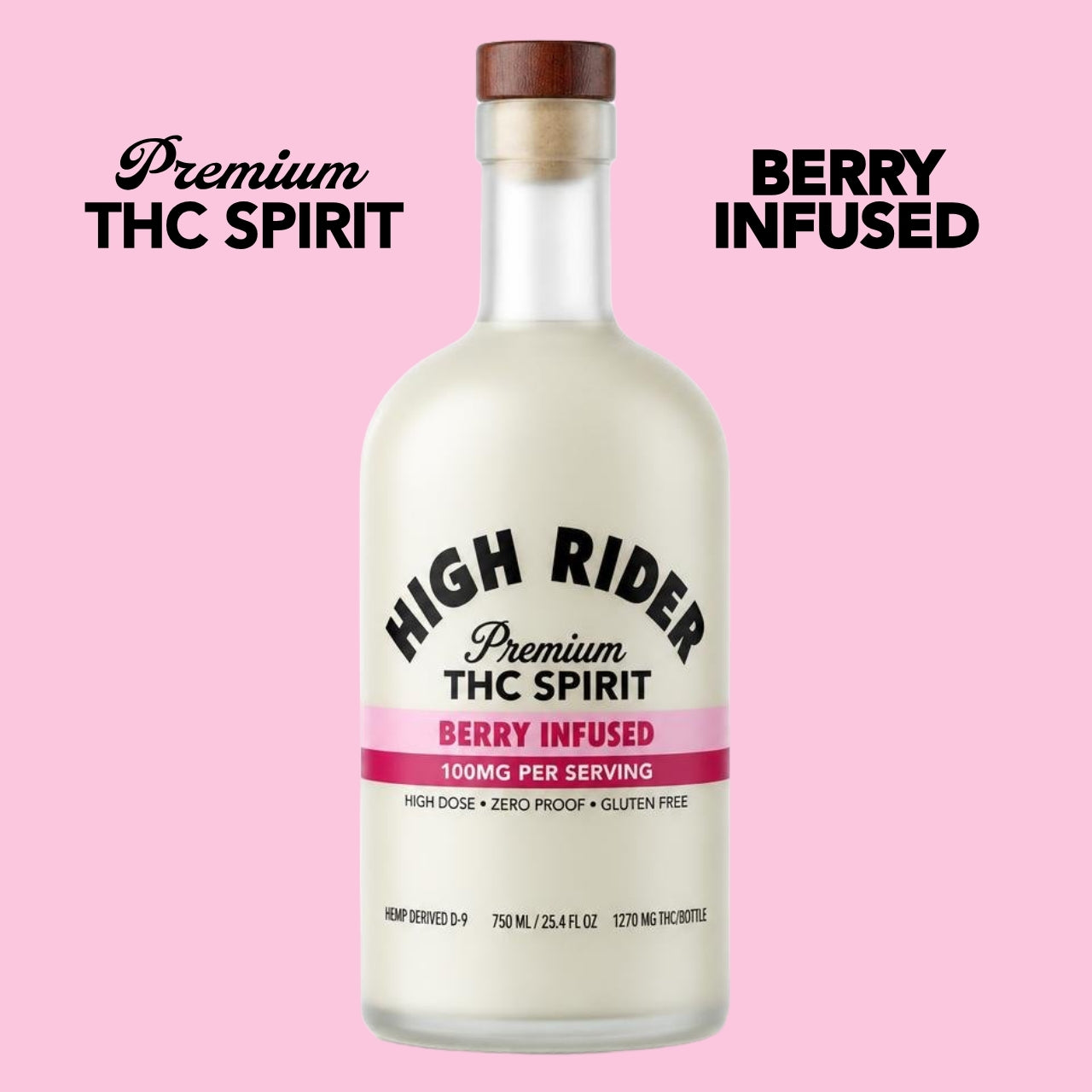 A bottle of High Rider Premium THC Spirit, a berry-infused beverage, with product details on a pink background.