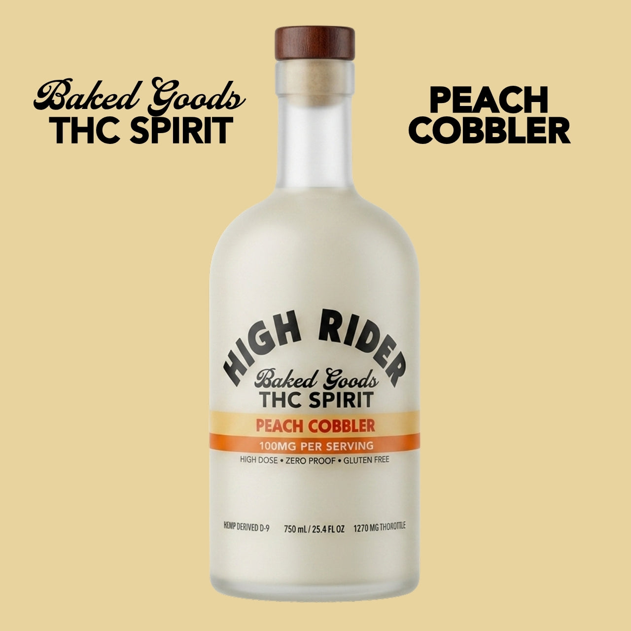 A bottle of High Rider Baked Goods THC Spirit, Peach Cobbler, on a peach background.