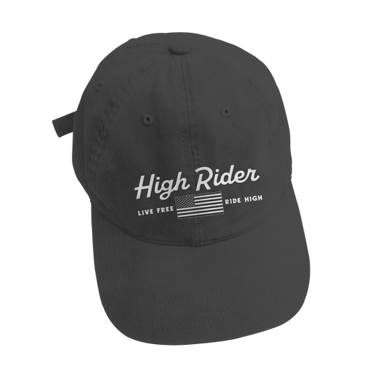 High Rider Script Logo Live Free US Flag Dad Hat