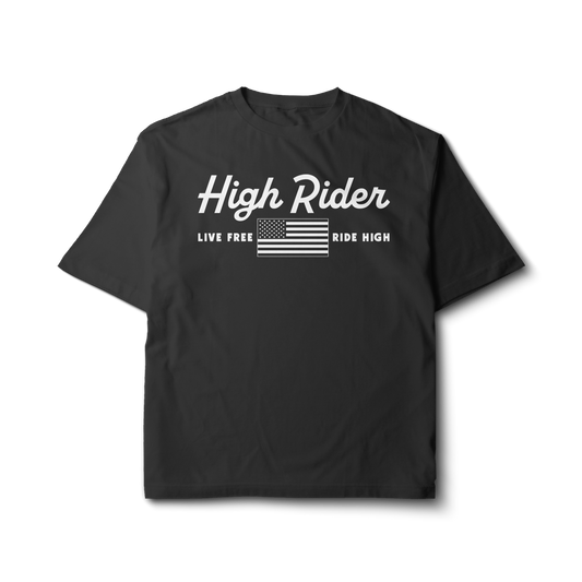 High Rider Script Logo Live Free US Flag Tee