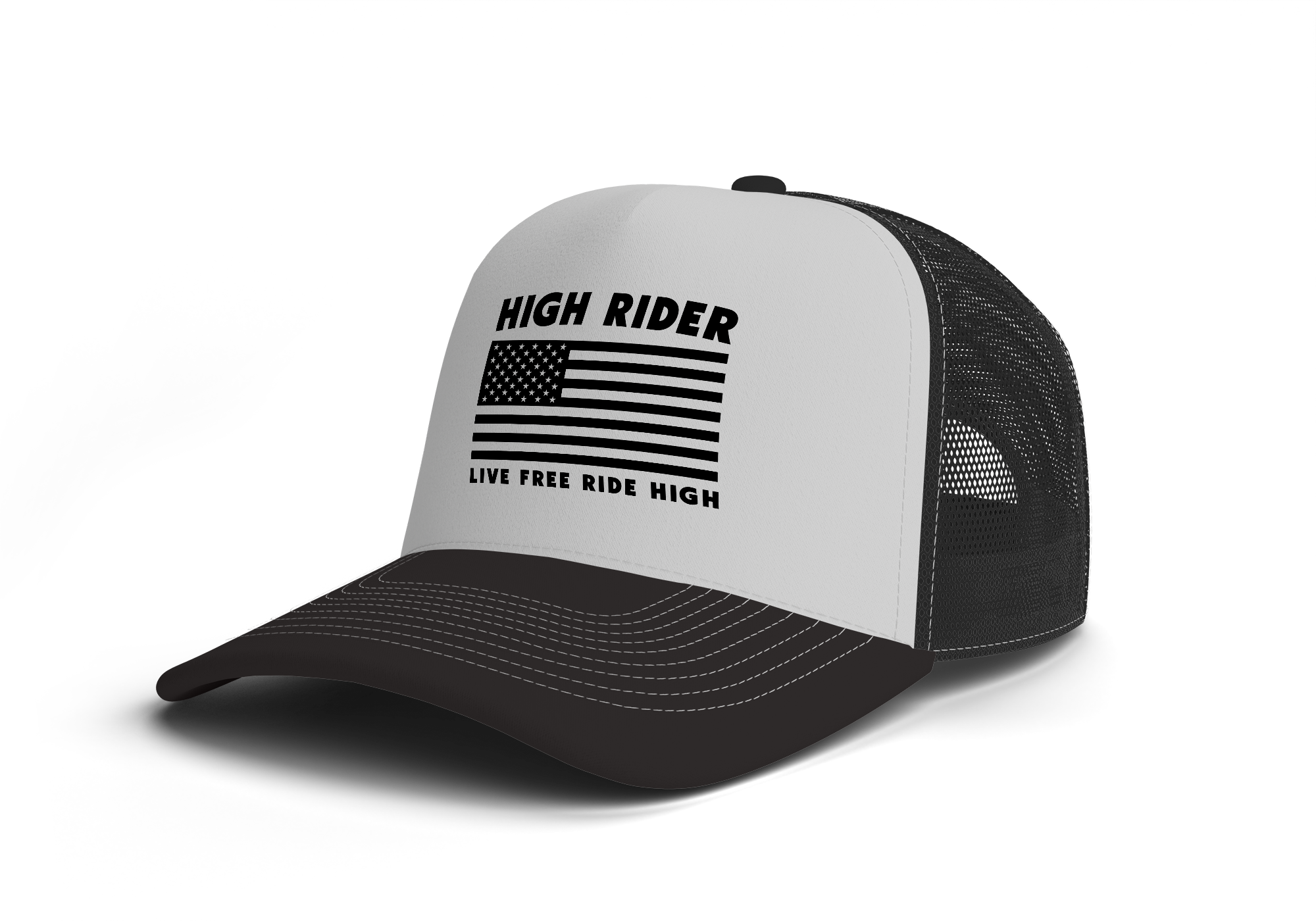 High Rider Block Logo Live Free US Flag Trucker Hat