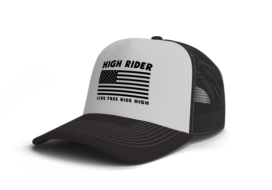 High Rider Block Logo Live Free US Flag Trucker Hat