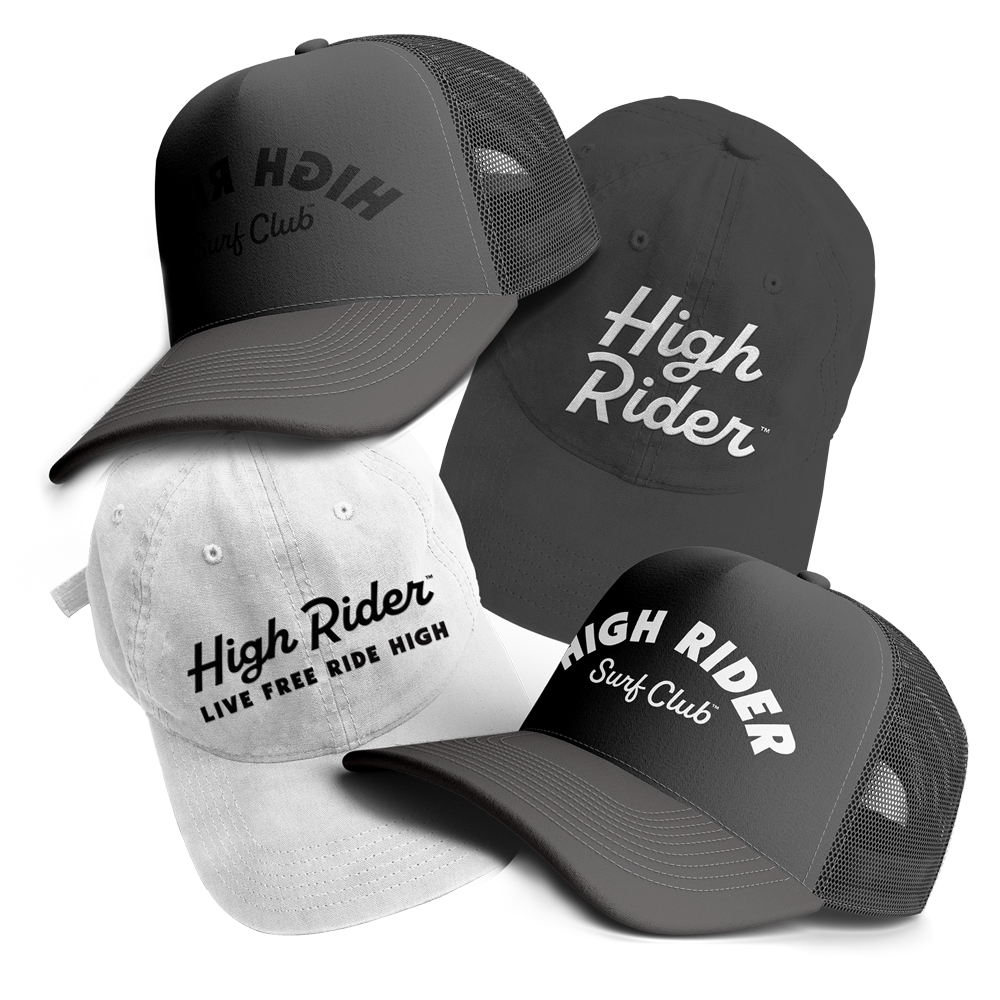 A collage of four different High Rider branded hats in black, white, and grey against a white background.