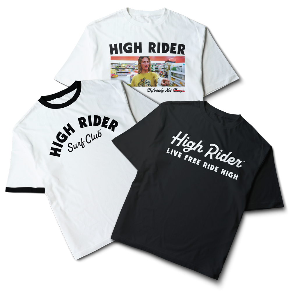 Three t-shirts with different 'High Rider' graphics laid out on a white surface.
