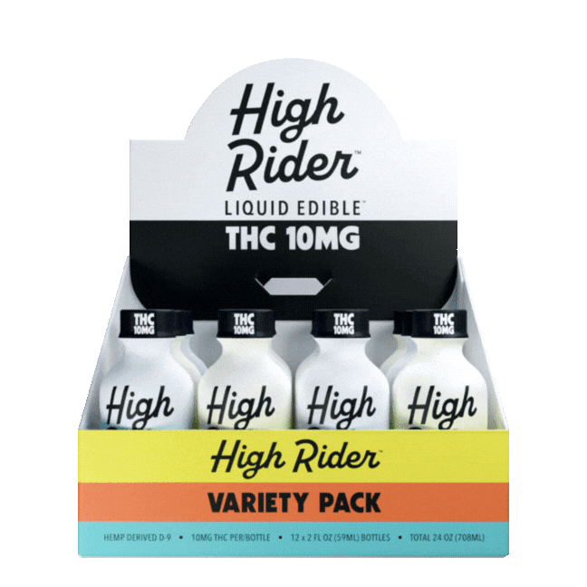 Display box of 'High Rider' THC liquid edibles, 10mg variety pack.