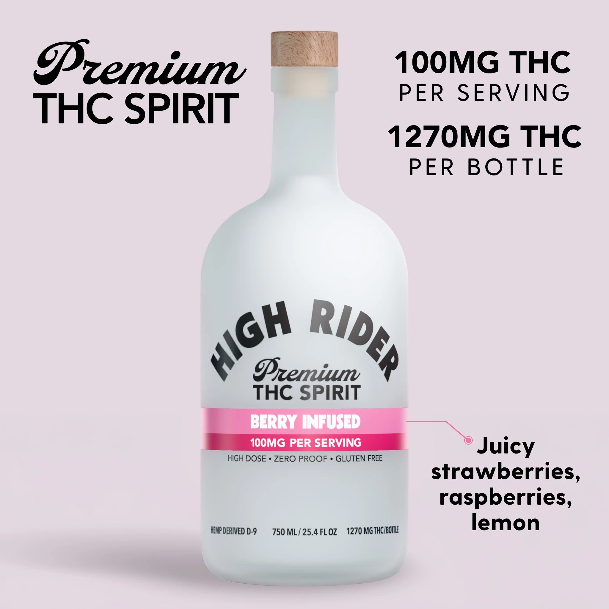 A bottle of High Rider Premium THC Spirit, a berry-infused beverage, with product details on a pink background.