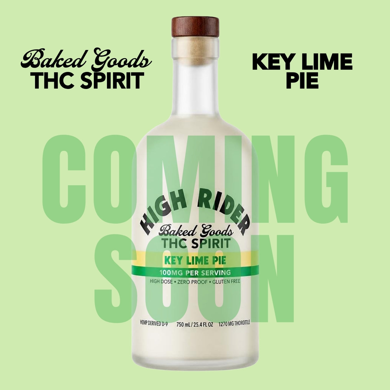 A bottle of High Rider Baked Goods THC Spirit, Key Lime, on a green background.