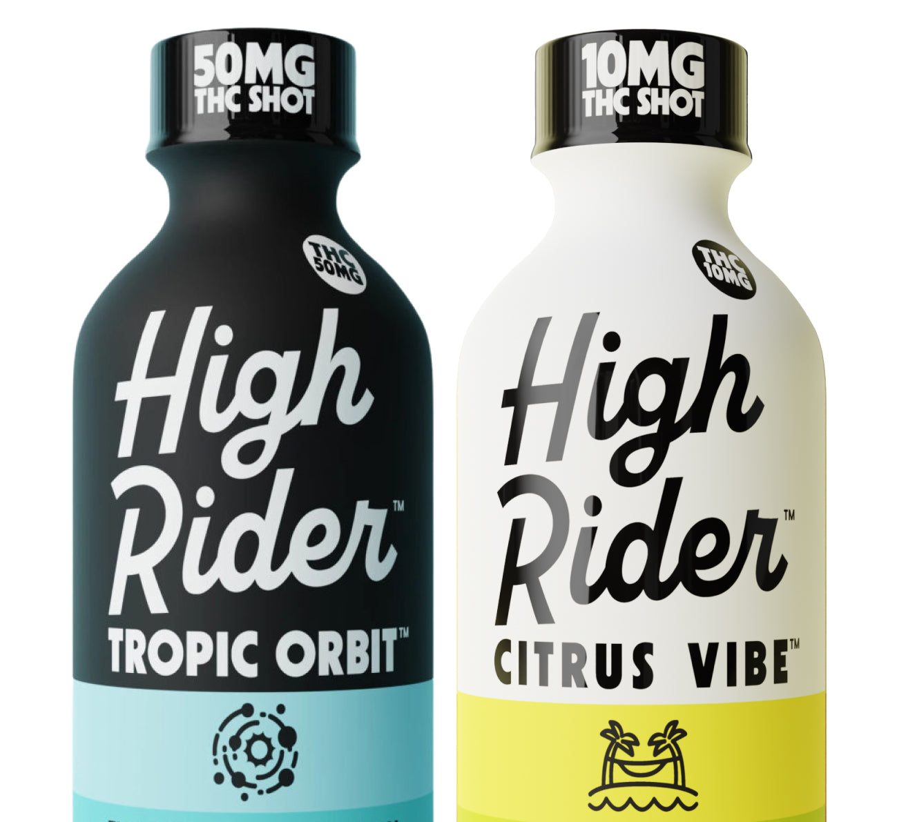 Two High Rider THC shot bottles, one black Berry Orbit and one white Orange Rush, side-by-side.