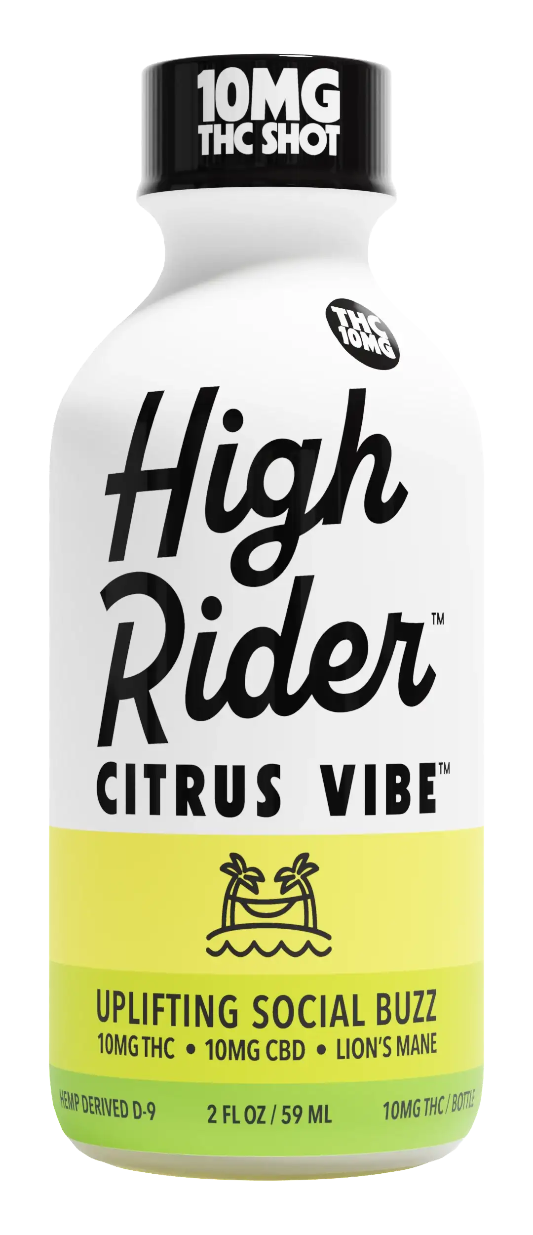 A white bottle labeled 'High Rider Citrus Vibe' with 10MG THC shot.