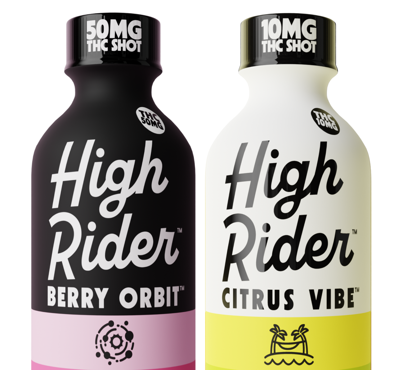 Two bottles of High Rider THC shots, one labeled Berry Orbit and the other Citrus Vibe.