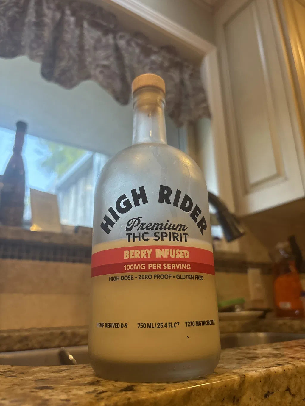 High Rider THC Spirit bottle in a kitchen