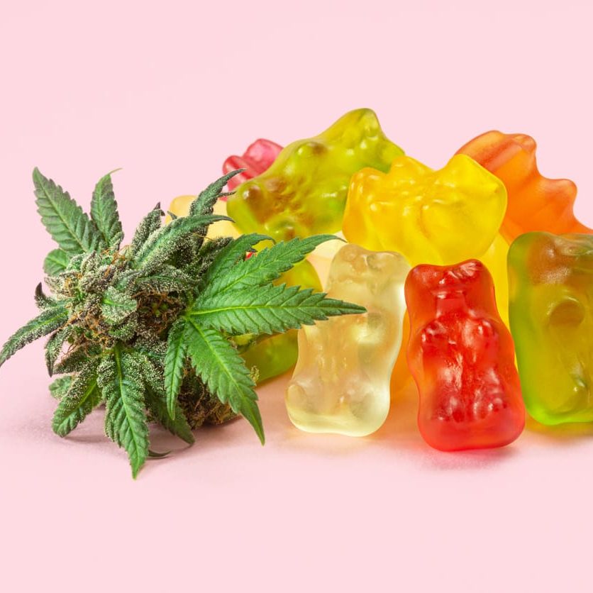 Cannabis flower beside colorful gummy edibles