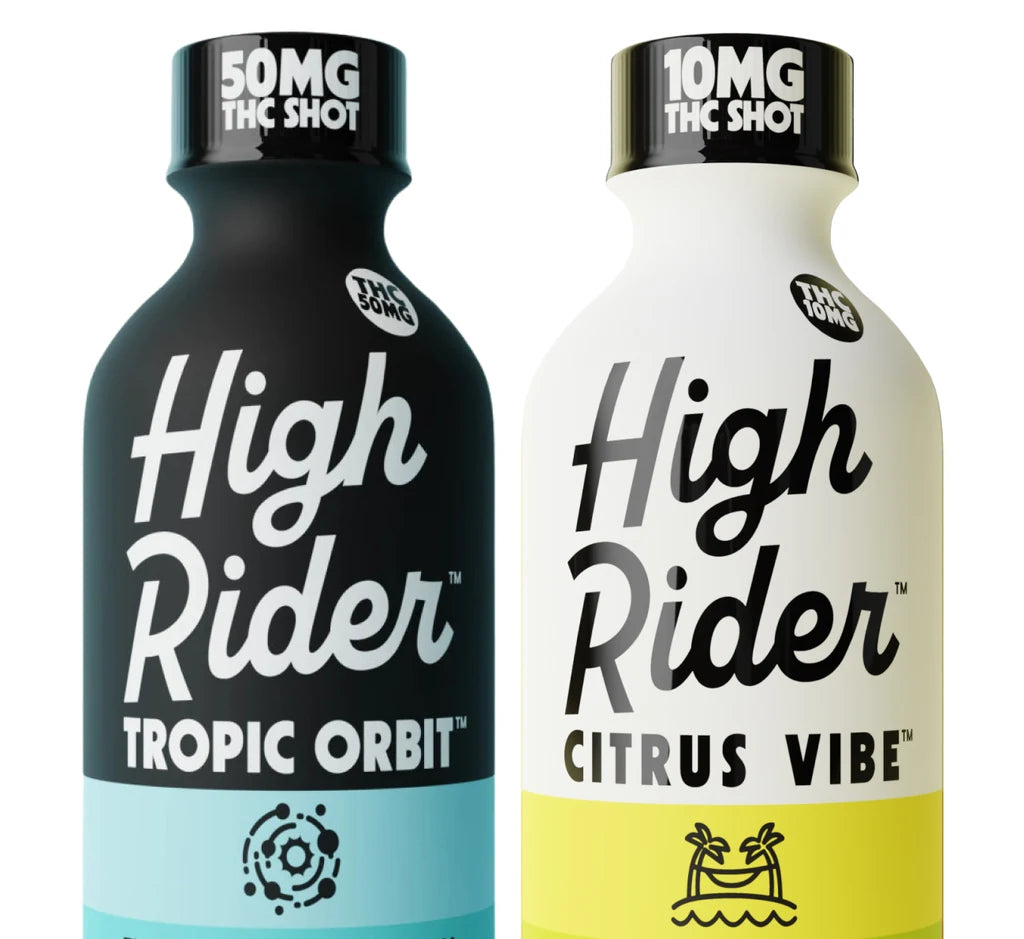 Three bottles of High Rider Premium THC Spirit, a berry-infused, zero-proof beverage against a white background.
